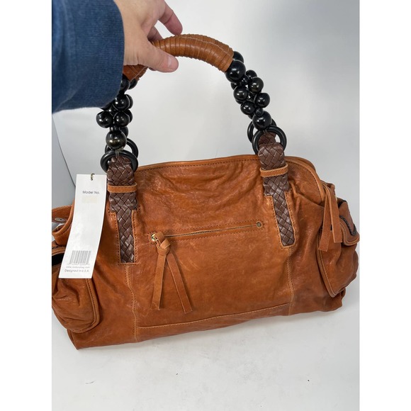 NEW NWT Roxbury Caramel Brown Distressed Leather Satchel Handbag Beads Handle - Picture 3 of 16